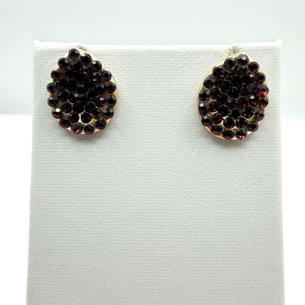 Vintage Gold Tone Red Rhinestone Teardrop Cluster Stud Earrings Retro